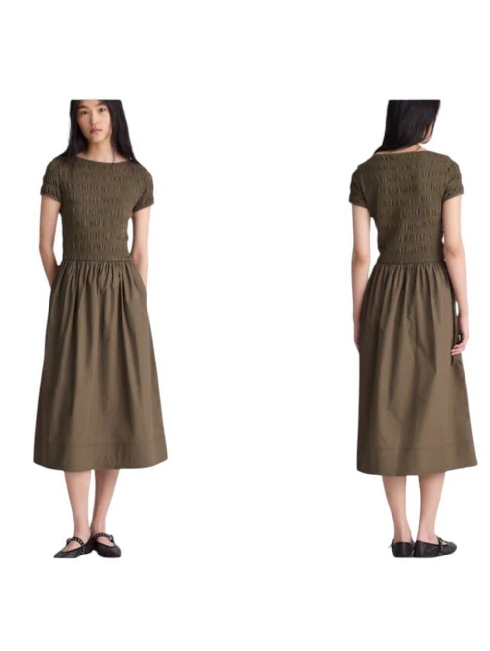 NWT Madewell Smocked Boatneck Midi Dress Faded Ivy Olive Green Size XS